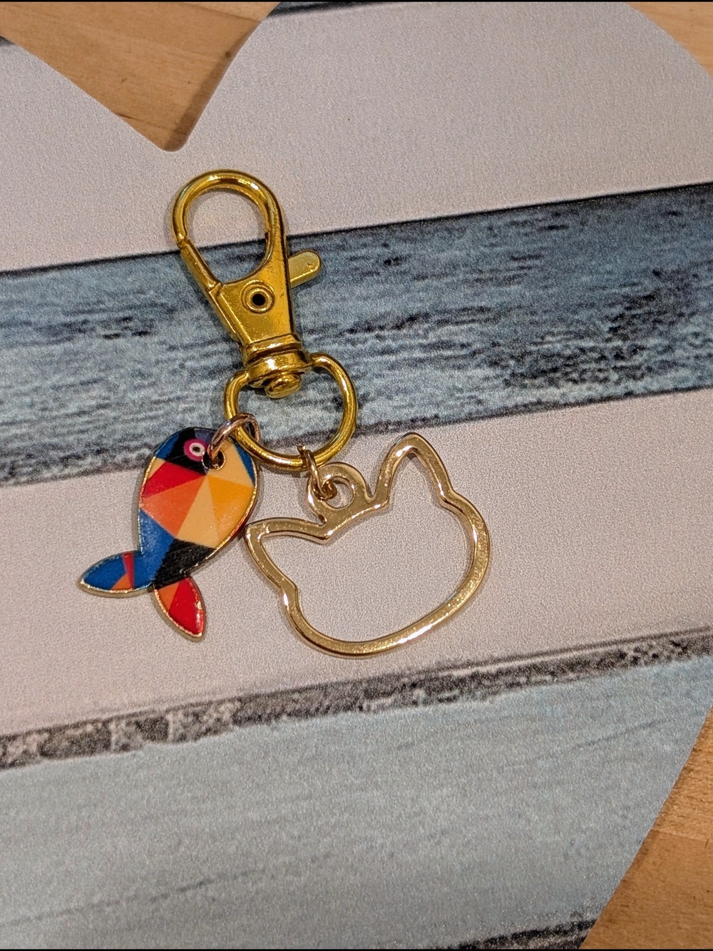 Gold Cat Outline & Colorful Fish Keychain Charm